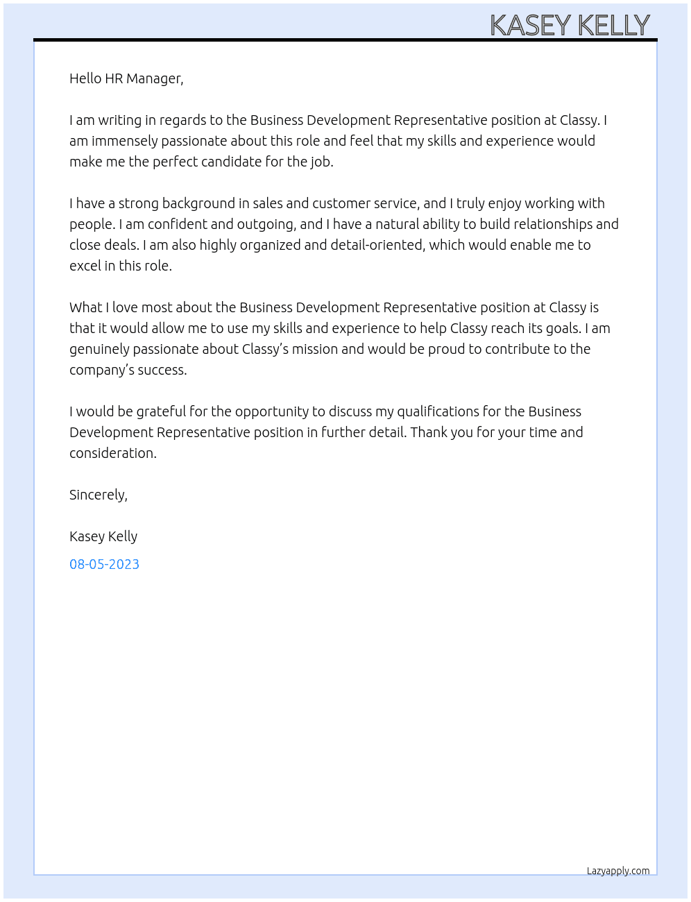 Business Development Representative  At Classy Cover Letter