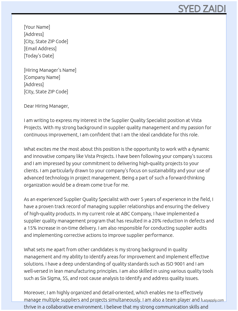 Supplier Quality Specialist At Vista Projects Cover Letter