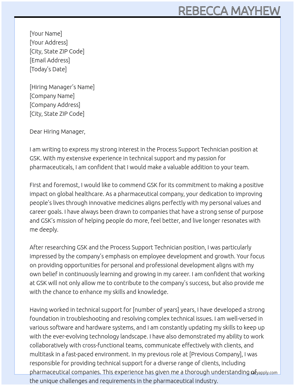 Process support technician At GSK Cover Letter