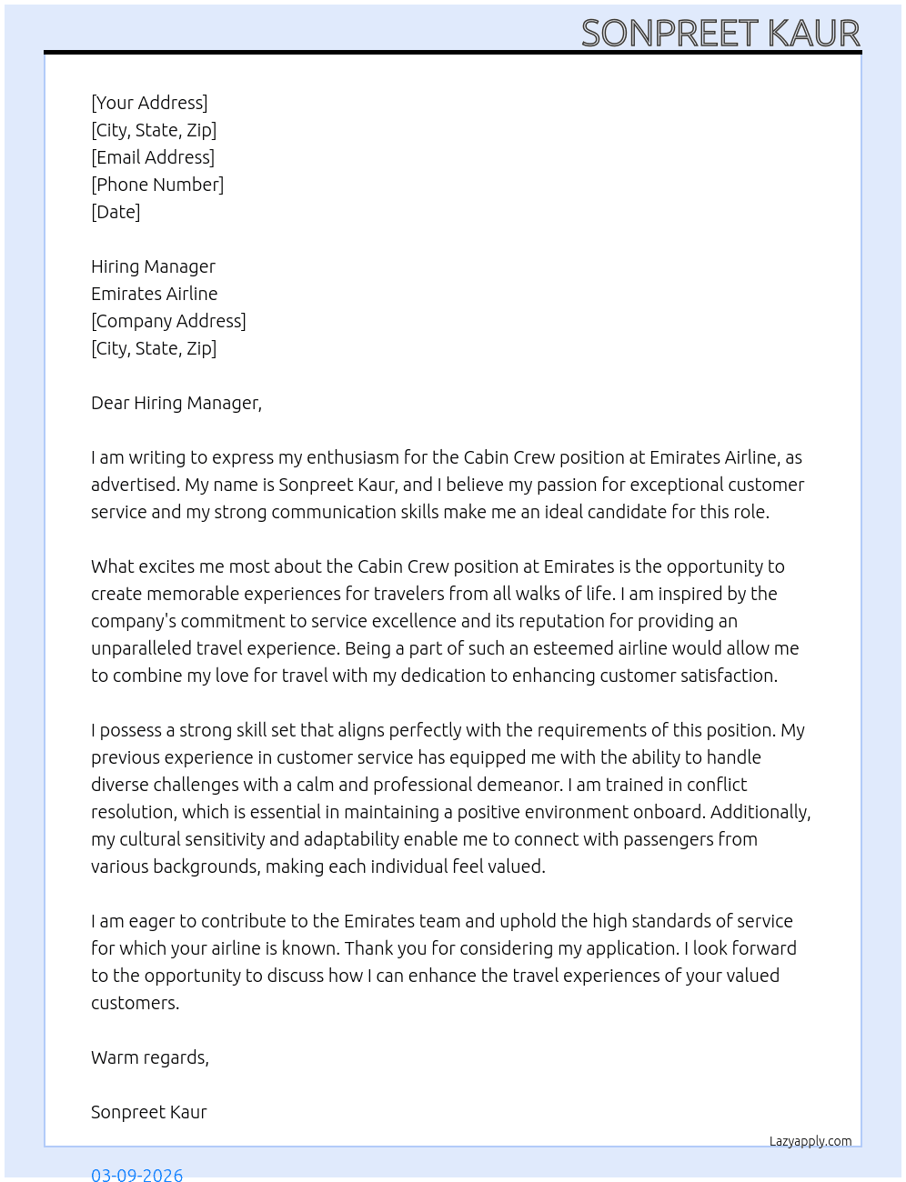 cabin crew At Emirates Airline Cover Letter