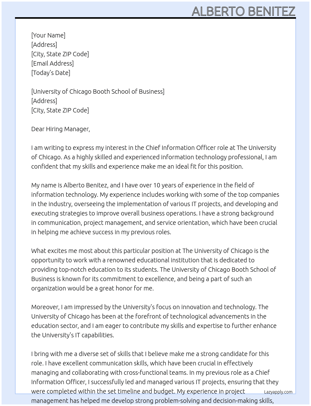 Chief Information Officer At The University of Chicago Cover Letter