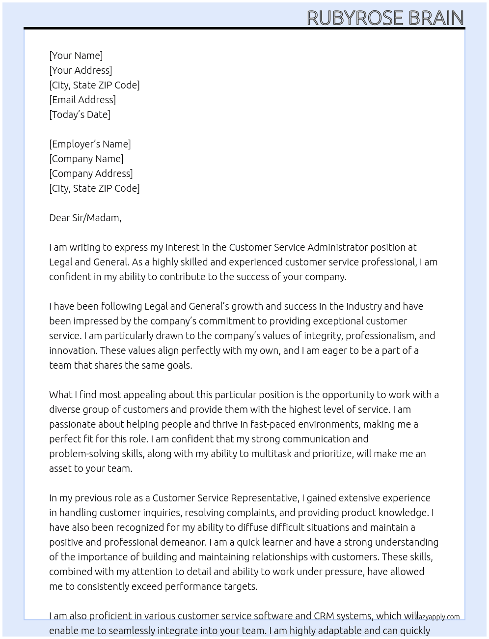 Customer Service Administrator At Legal and General Cover Letter