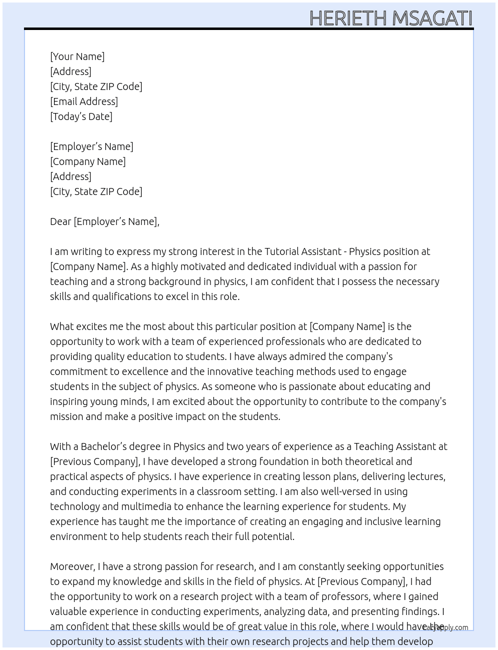 Tutorial assistant - Physics At Totorial assistant -Physics Cover Letter