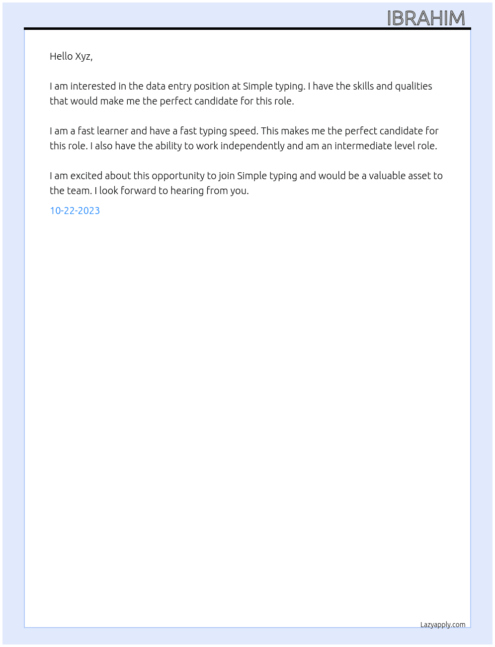 Data entry  At Simple typing  Cover Letter