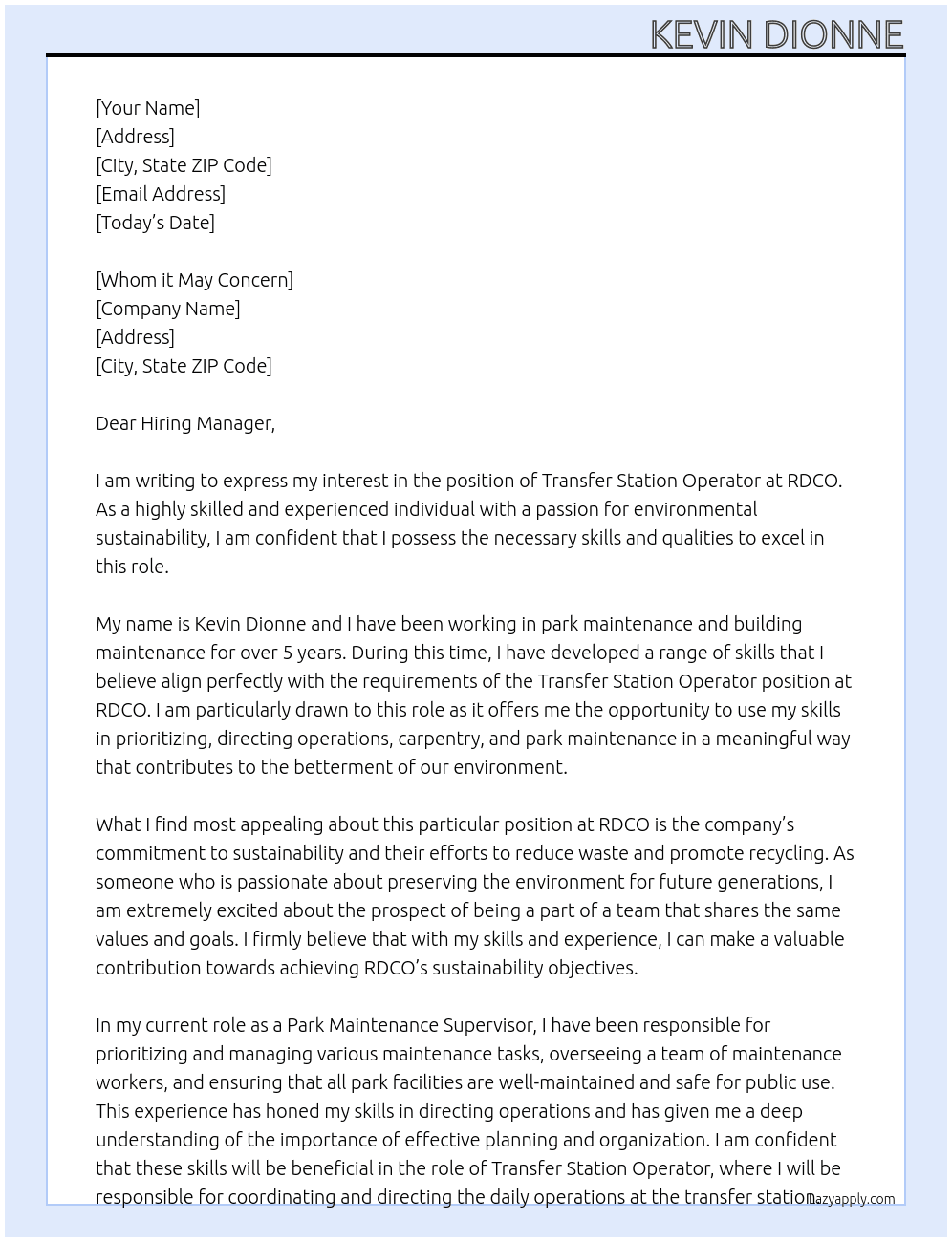 Transfer station operator At RDCO Cover Letter