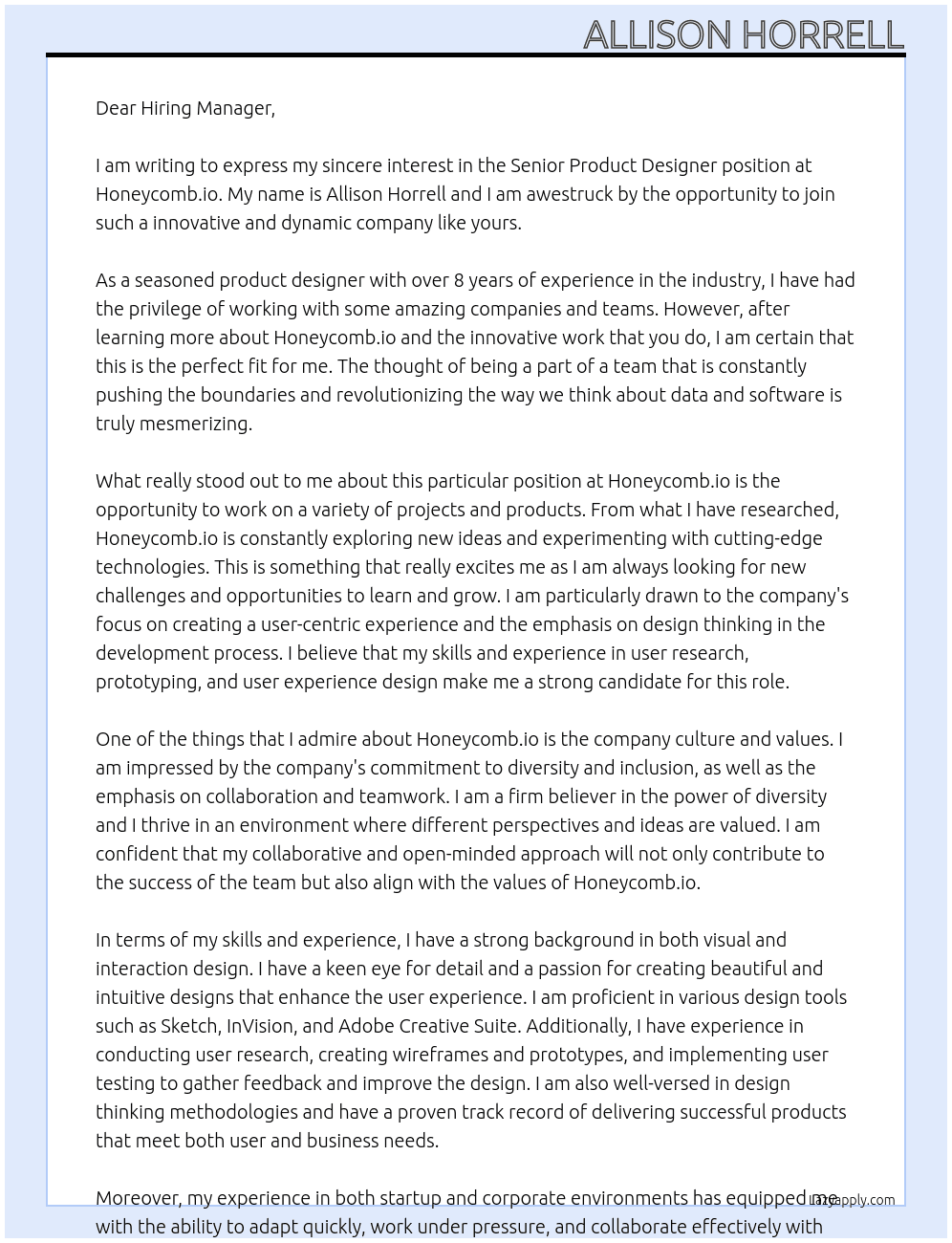 Senior Product Designer At Honeycomb.io Cover Letter