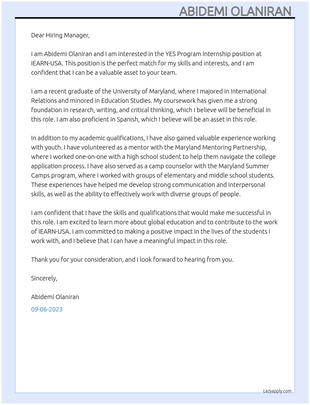 YES PROGRAM INTERNSHIP  At IEARN-USA  Cover Letter