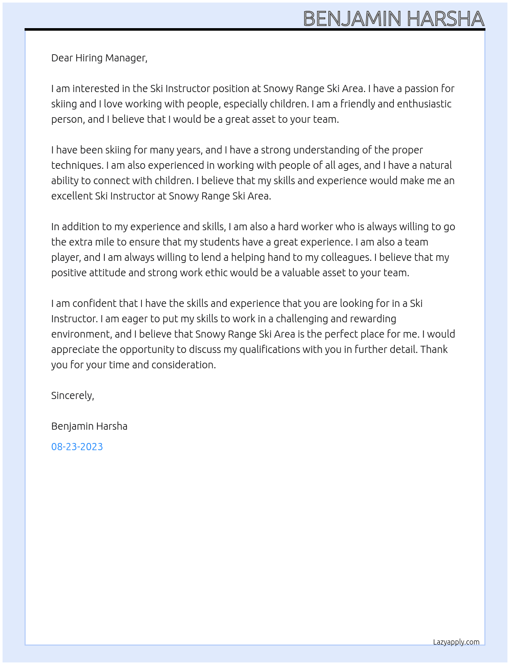Ski Instructor At Snowy Range Ski Area Cover Letter