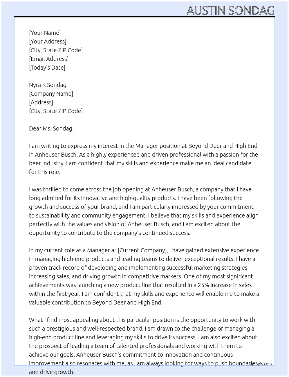 Manager, Beyond Deer and High ENd At Anheuser Busch Cover Letter