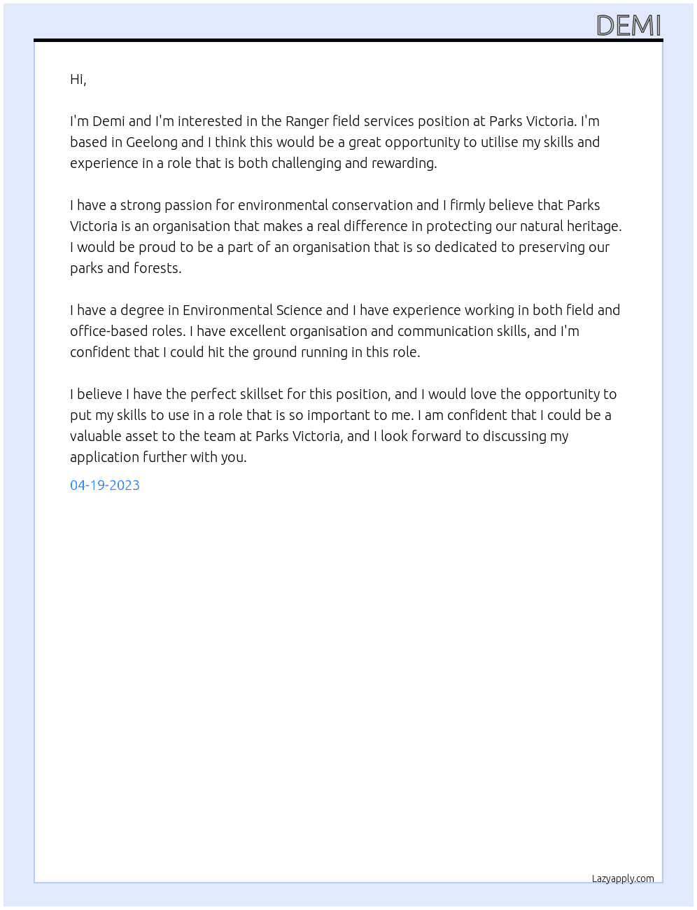 Ranger field services At Parks Victoria Cover Letter