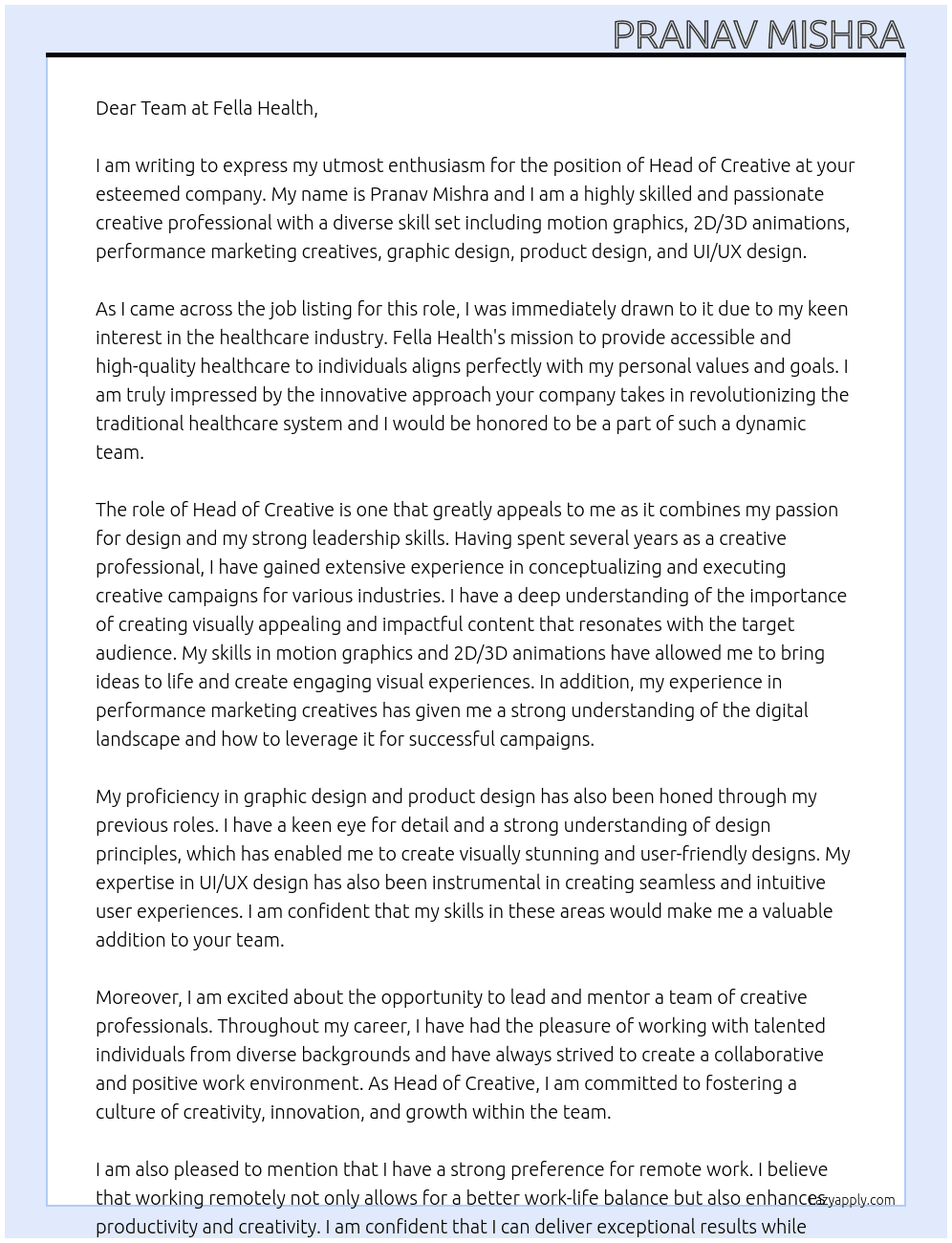 Head of Creative At Fella Health Cover Letter
