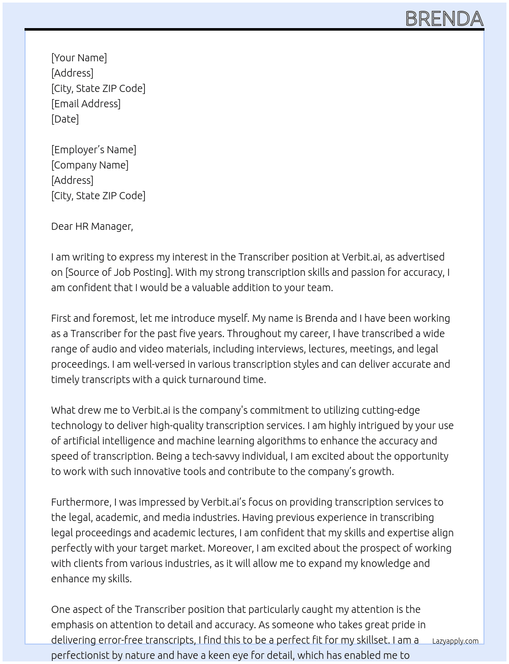 Transcriber At  Verbit.ai Cover Letter