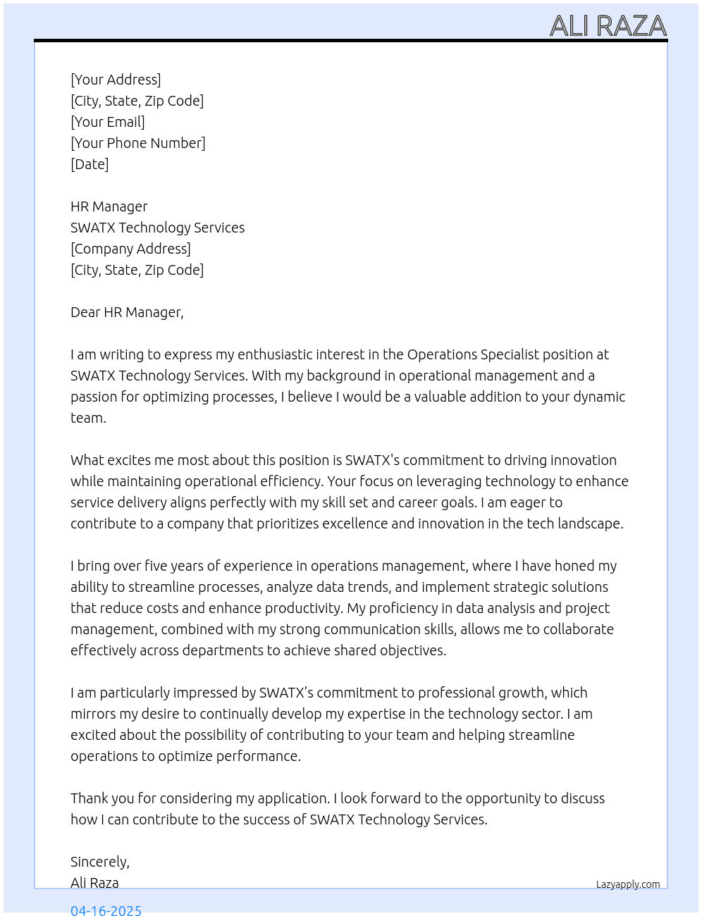 Operations Specialist At SWATX Technology Services Cover Letter