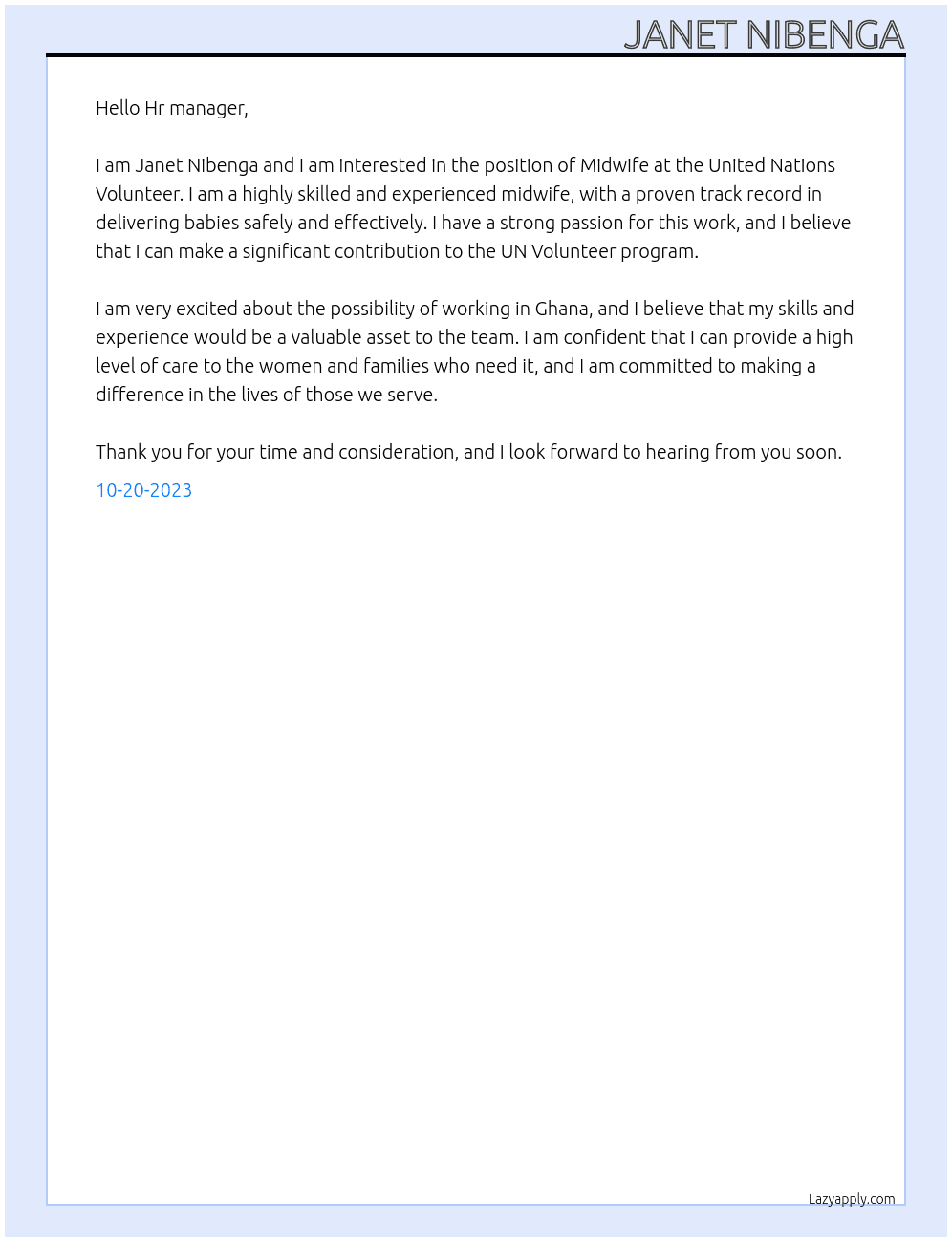 Midwife At United Nations volunteer Cover Letter