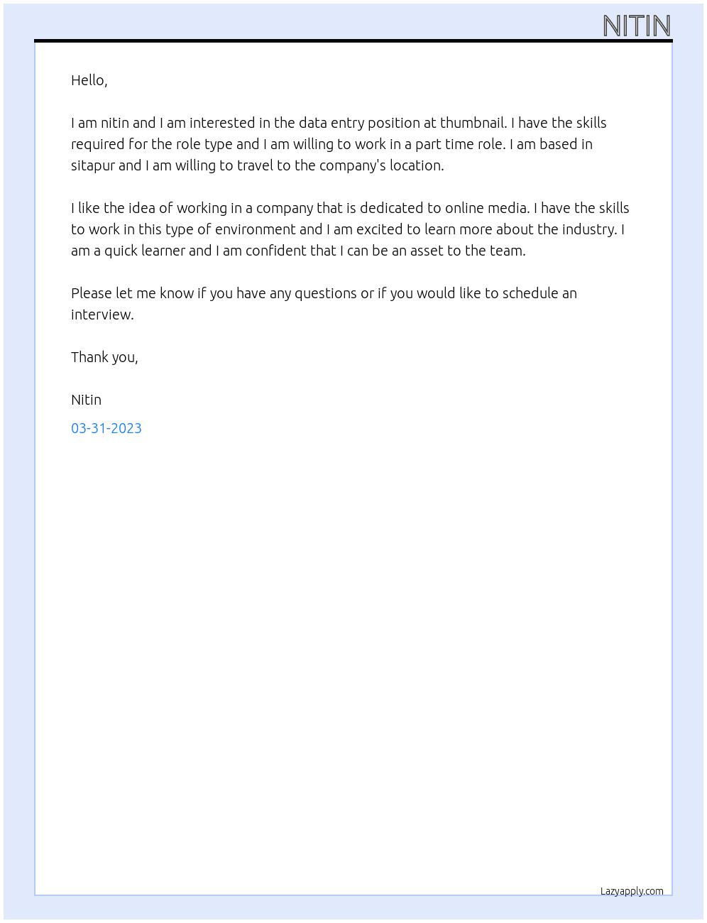 data entry At thumbnail Cover Letter