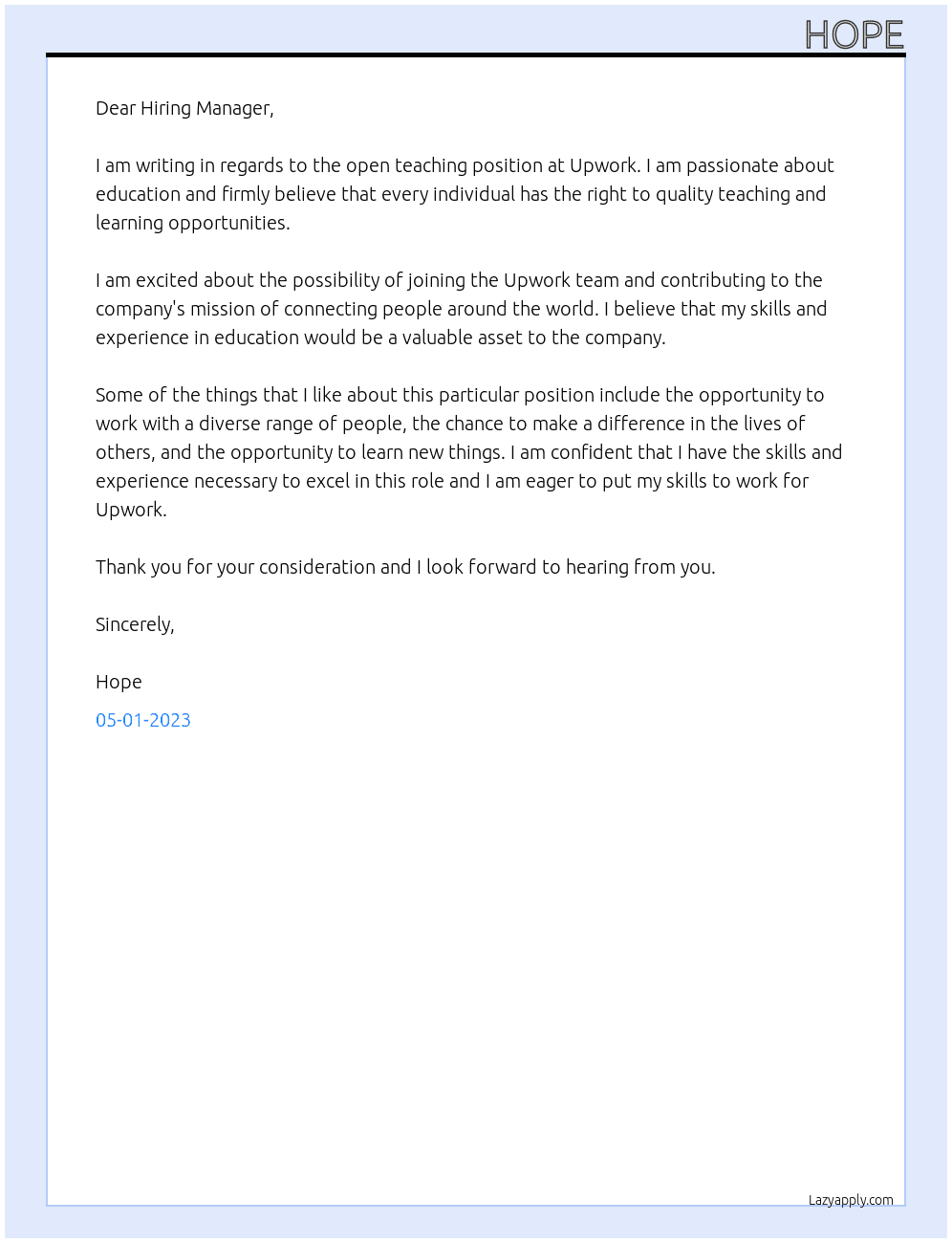 TEACHING At UPWORK Cover Letter