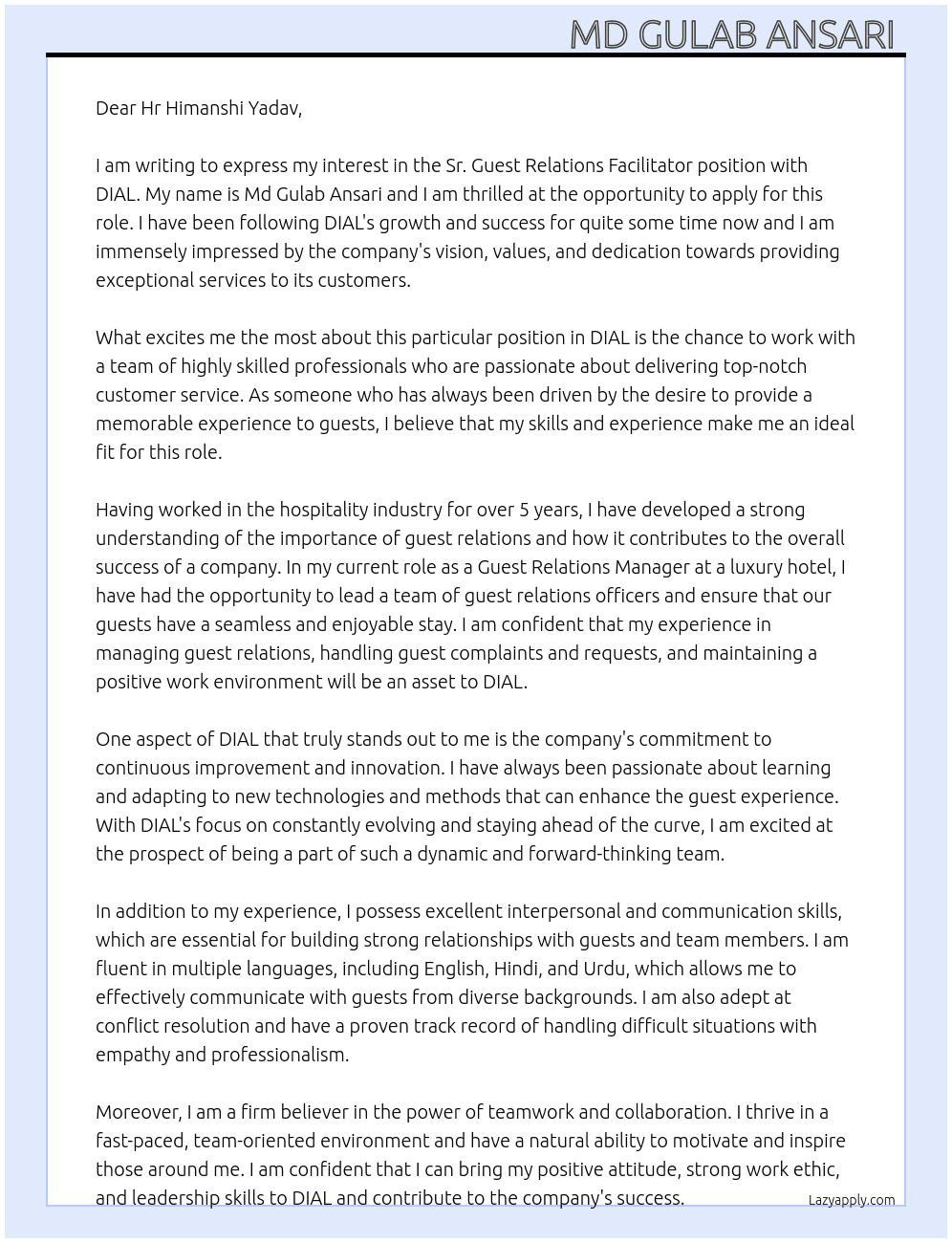 Sr. Guest relations facilitator  At DIAL  Cover Letter