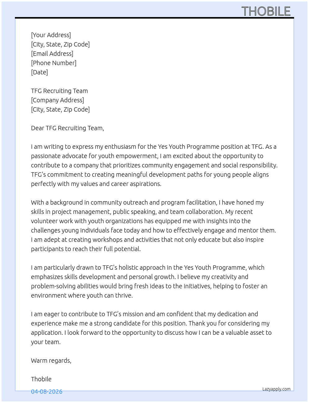 Cover letter for yes youth programme - LazyApply