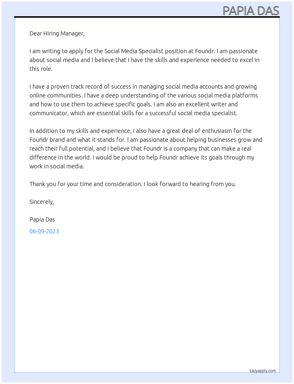 Social Media Specialist At Foundr  Cover Letter
