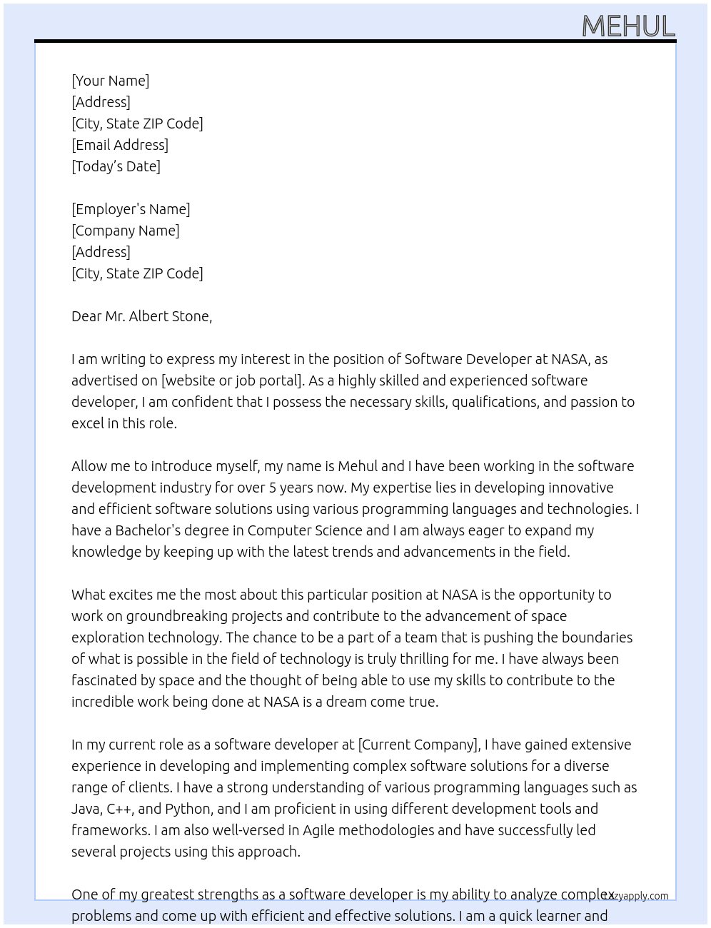 Software Developer At Nasa Cover Letter