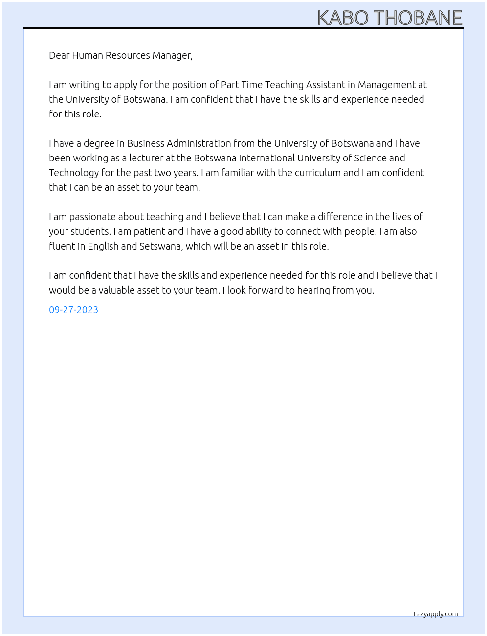 Part time teaching assistant in management  At University of Botswana Cover Letter