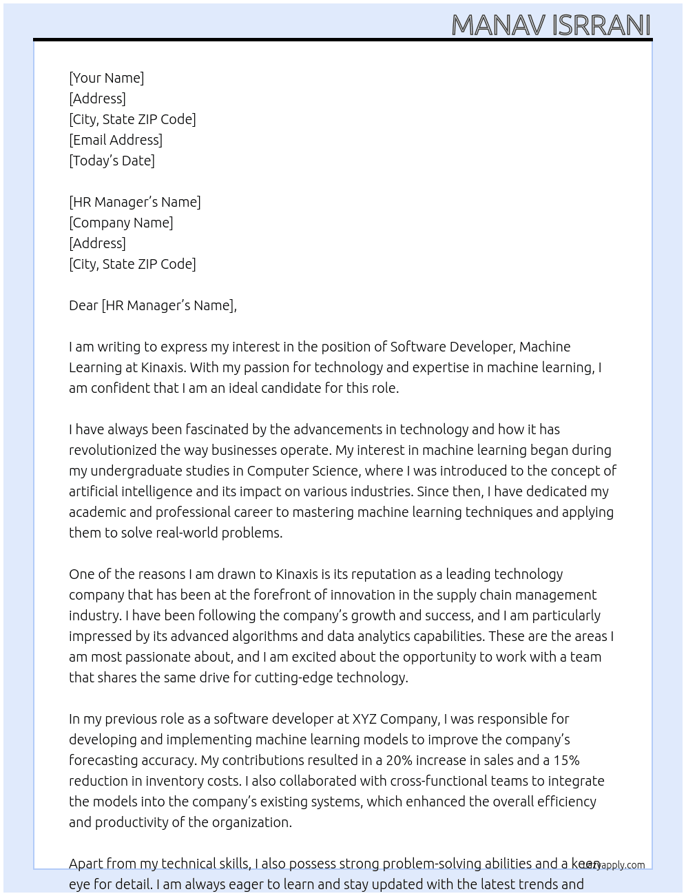 Software developer, Machine Learning At Kinaxis Cover Letter