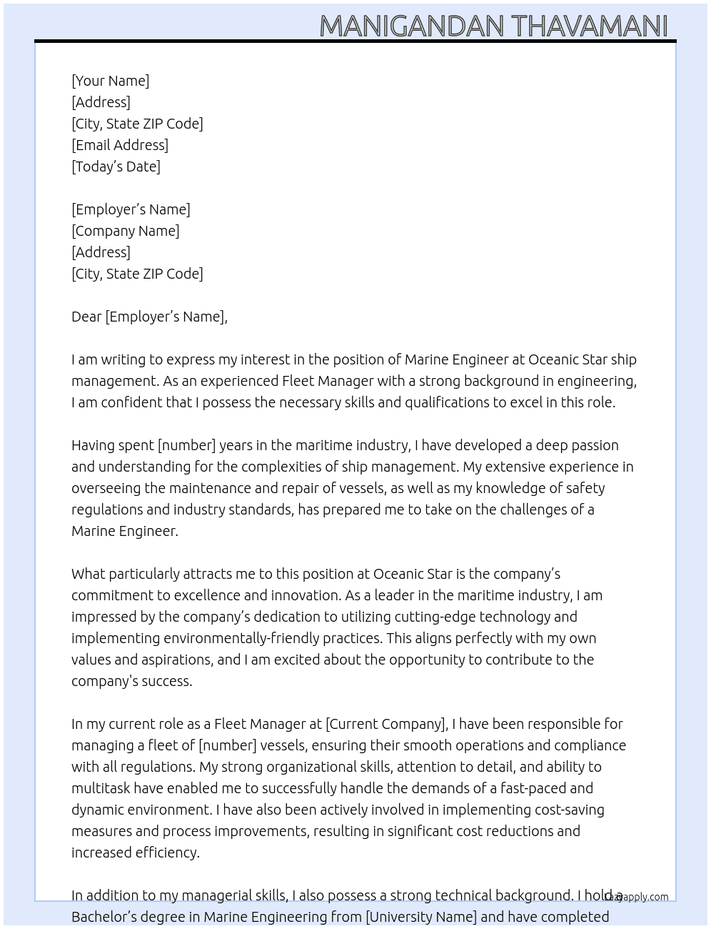 Marine Engineer  At Oceanic Star ship management  Cover Letter