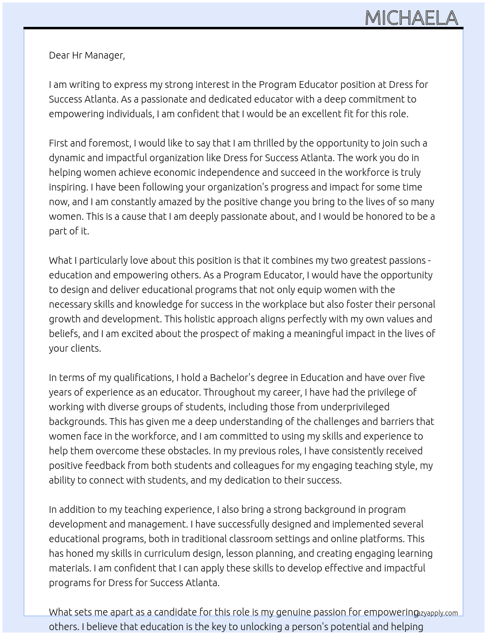 Program Educator  At Dress for Success Atlanta  Cover Letter