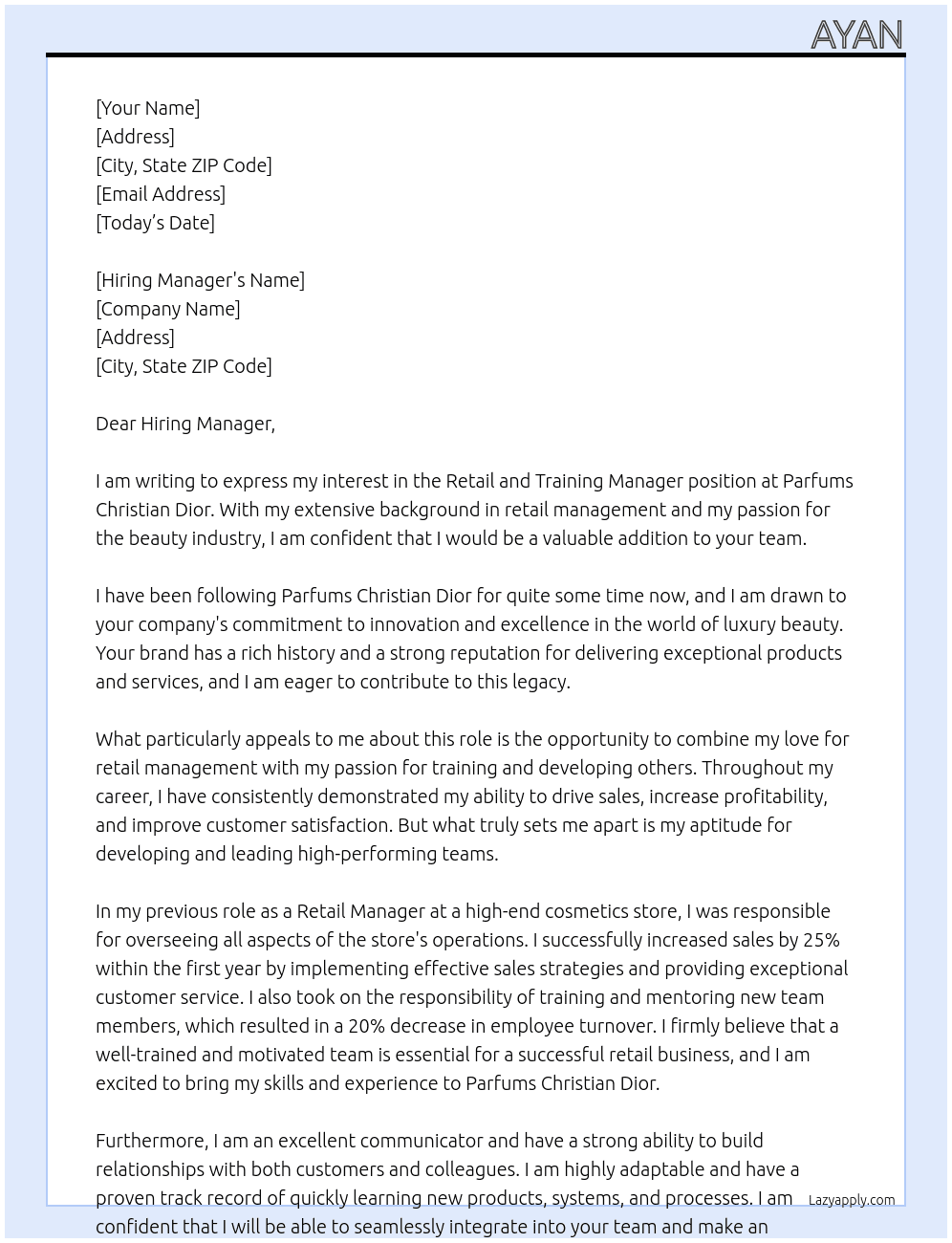 RETAIL AND TRAINING MANAGER At  Parfums Christian Dior Cover Letter