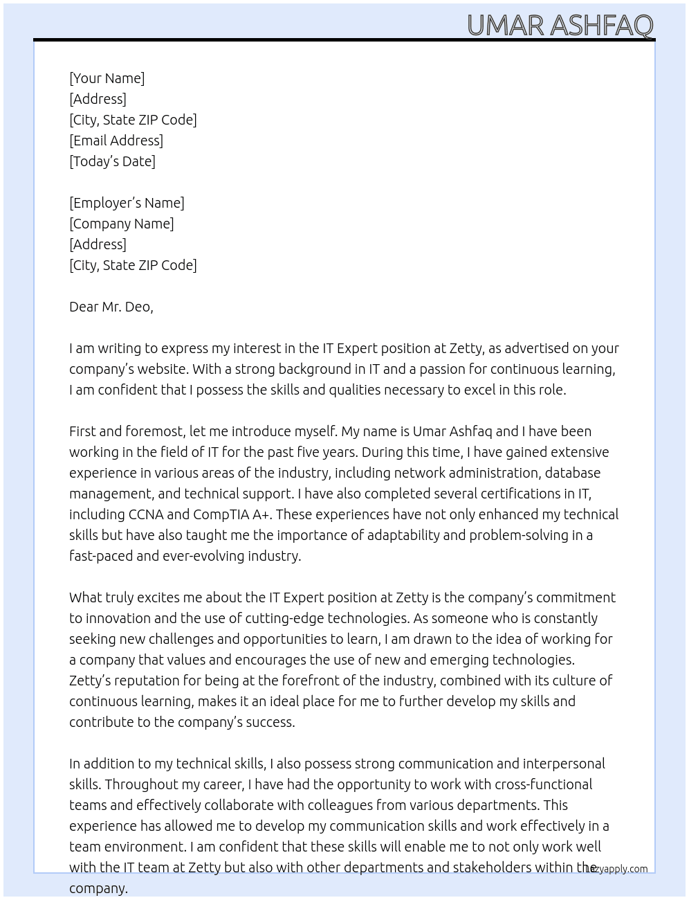 IT EXPERT At ZETTY Cover Letter