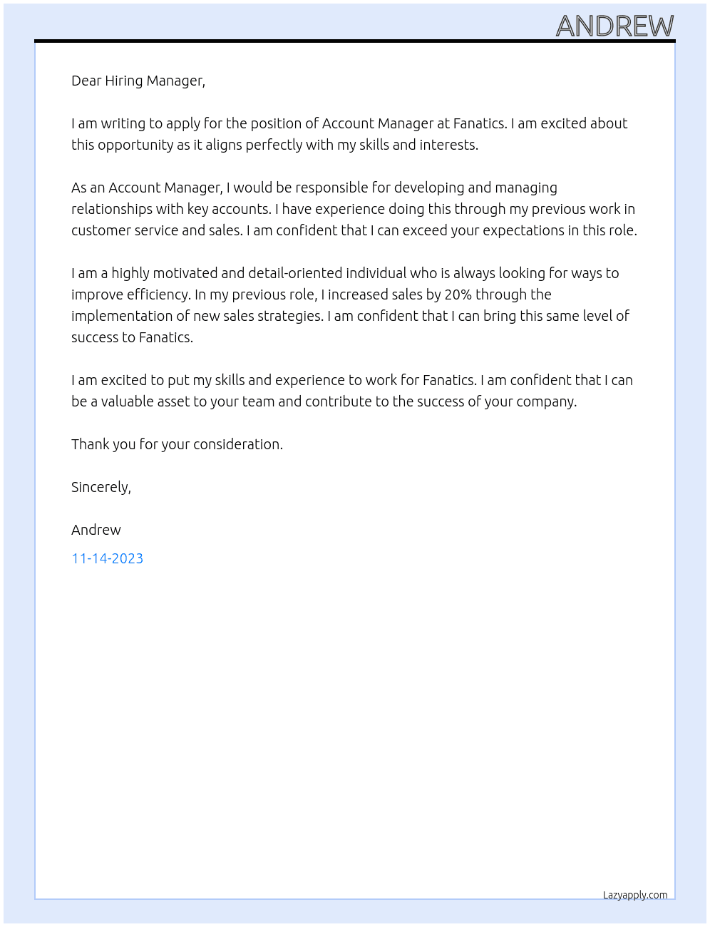 Account Manager, Hobby Shops At Fanatics Cover Letter