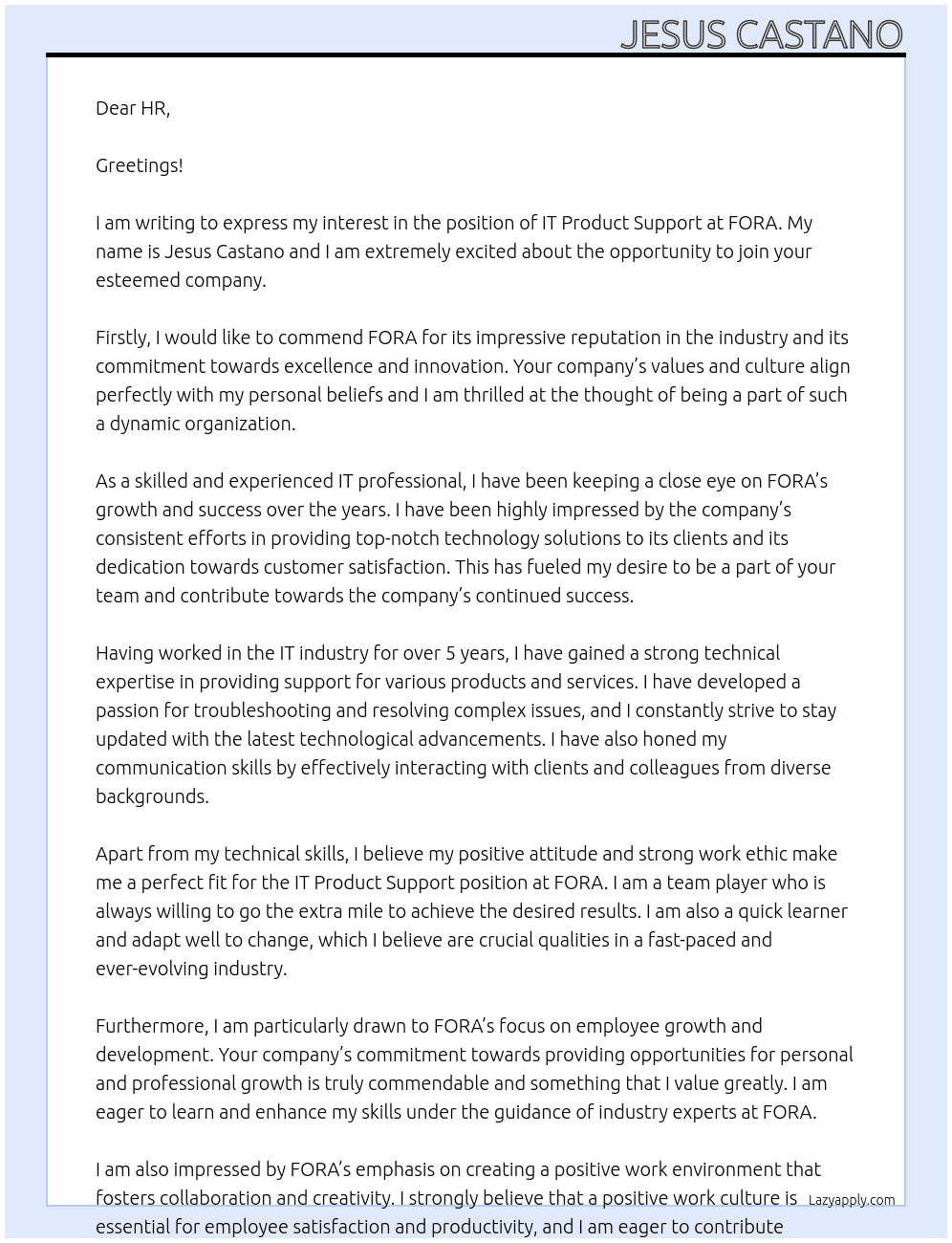 IT Product Support At FORA Cover Letter