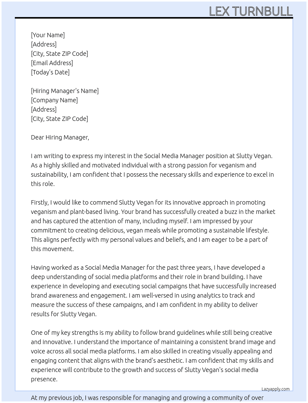 Social Media Manager At Slutty Vegan Cover Letter