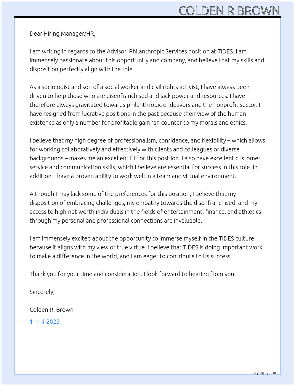 Advisor, Philanthropic Services At TIDES Cover Letter