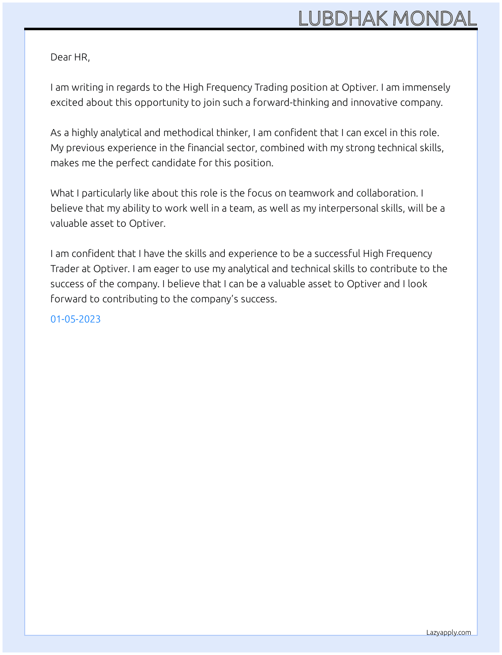 Cover letter for high frequency trading - LazyApply