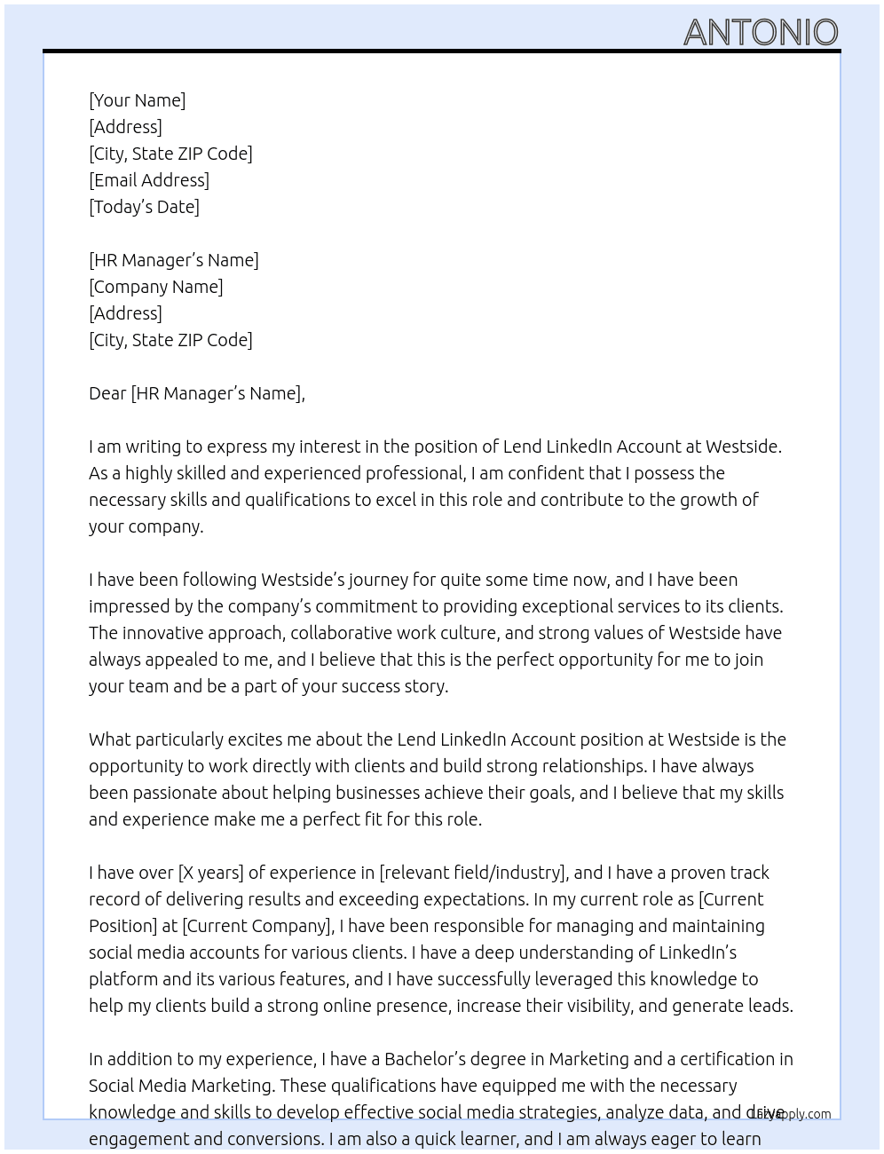 lend linkedin account At westside Cover Letter