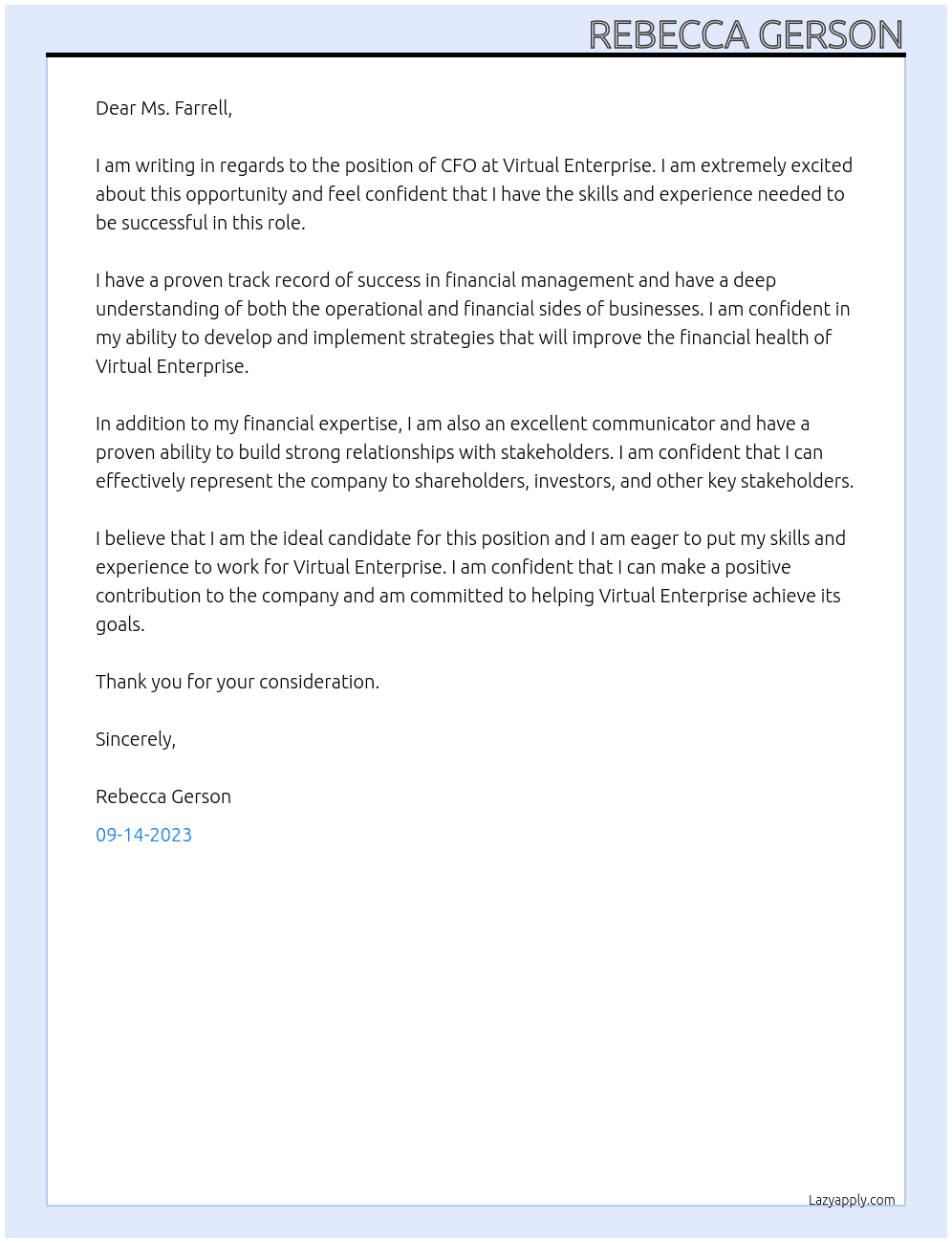 CFO At Virtual enterprise Cover Letter