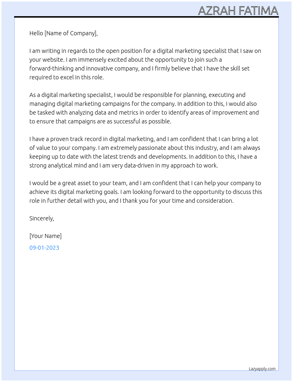 Digital marketing  At Degital marketing  Cover Letter