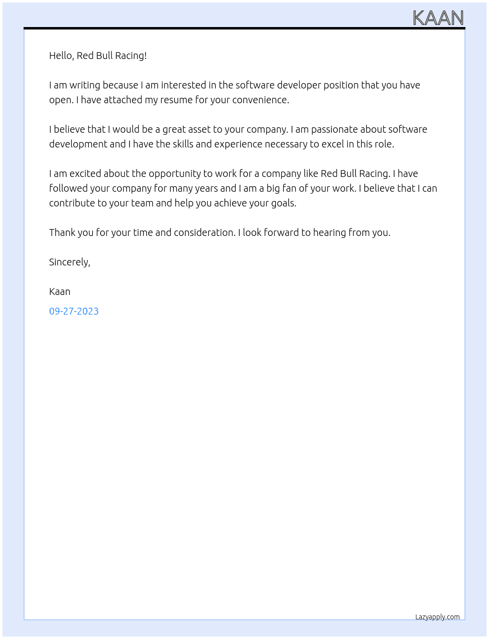 software developer  At Red Bull Racing Cover Letter