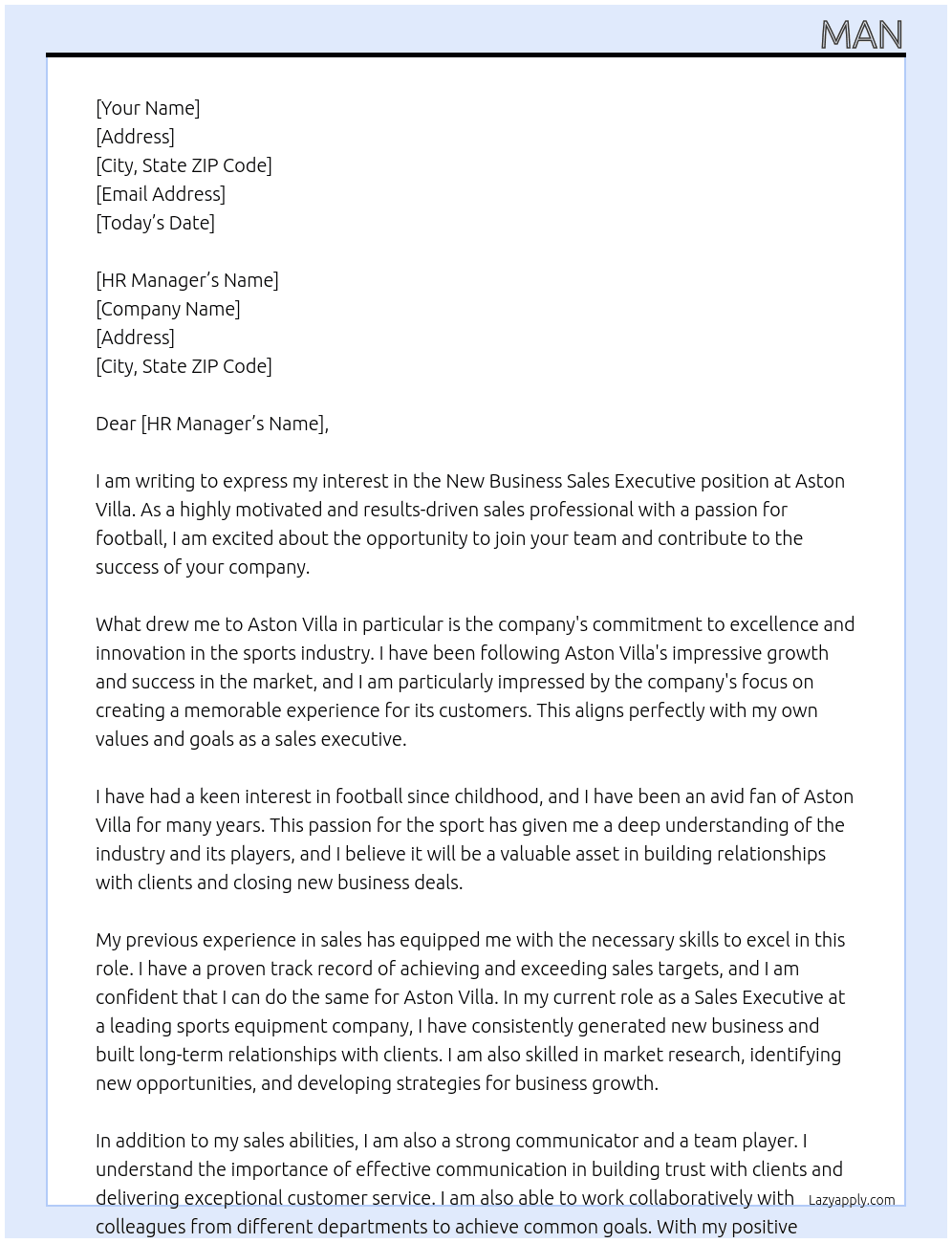 New Business Sales Executive At Aston Villa Cover Letter
