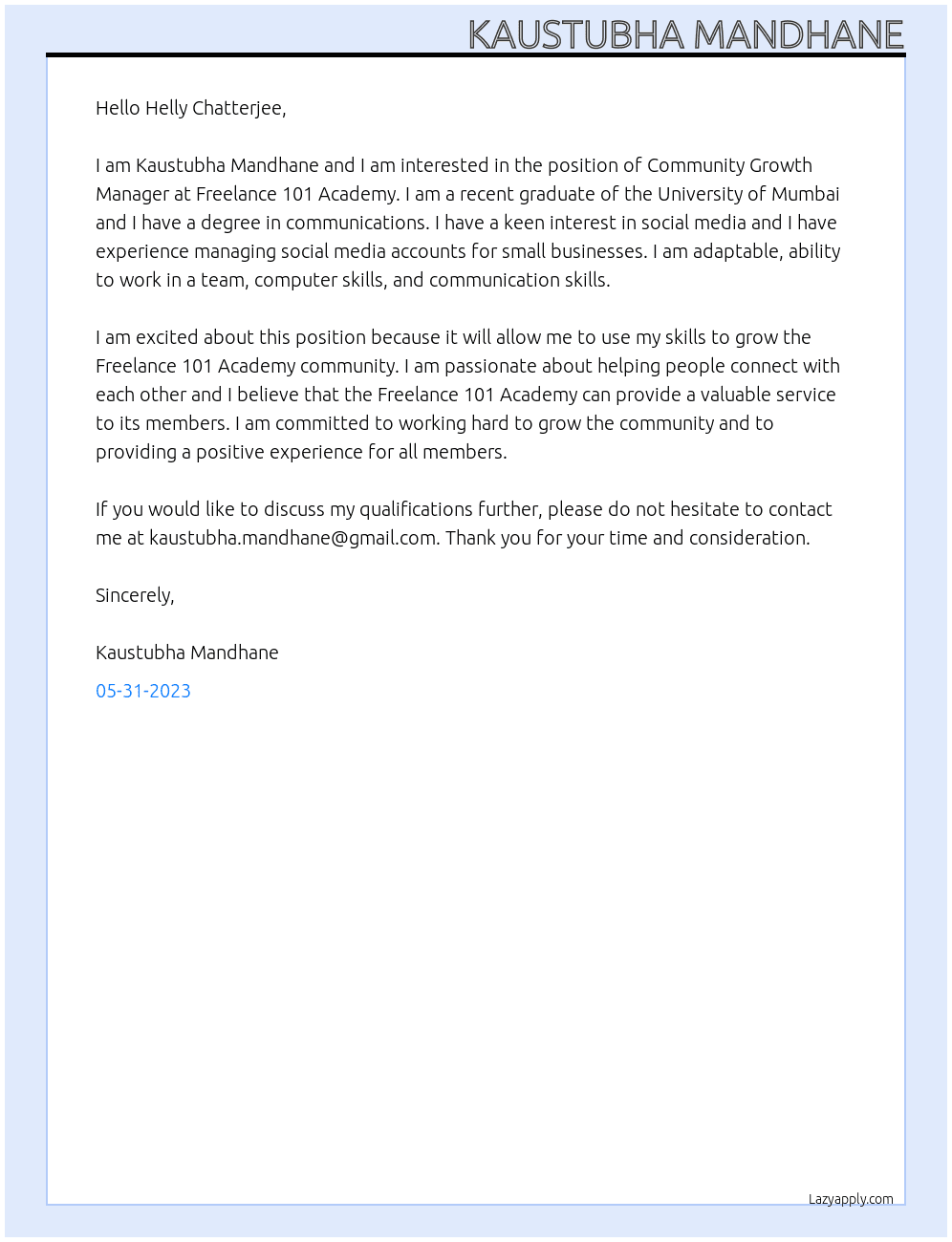Community Growth Manager At Freelance 101 Academy Cover Letter