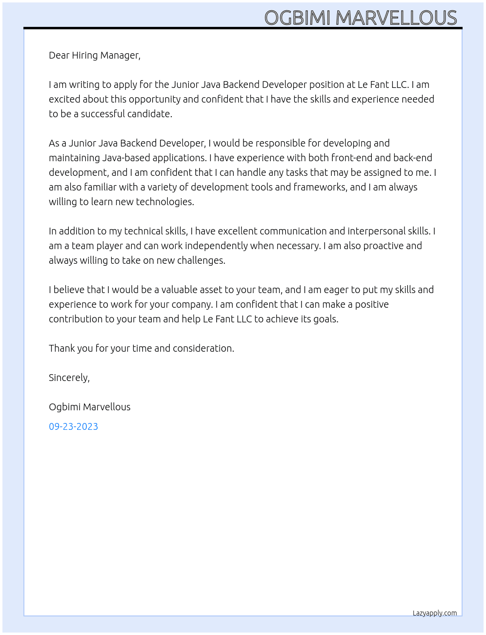 Junior Java backend developer  At Le Fant LLC  Cover Letter