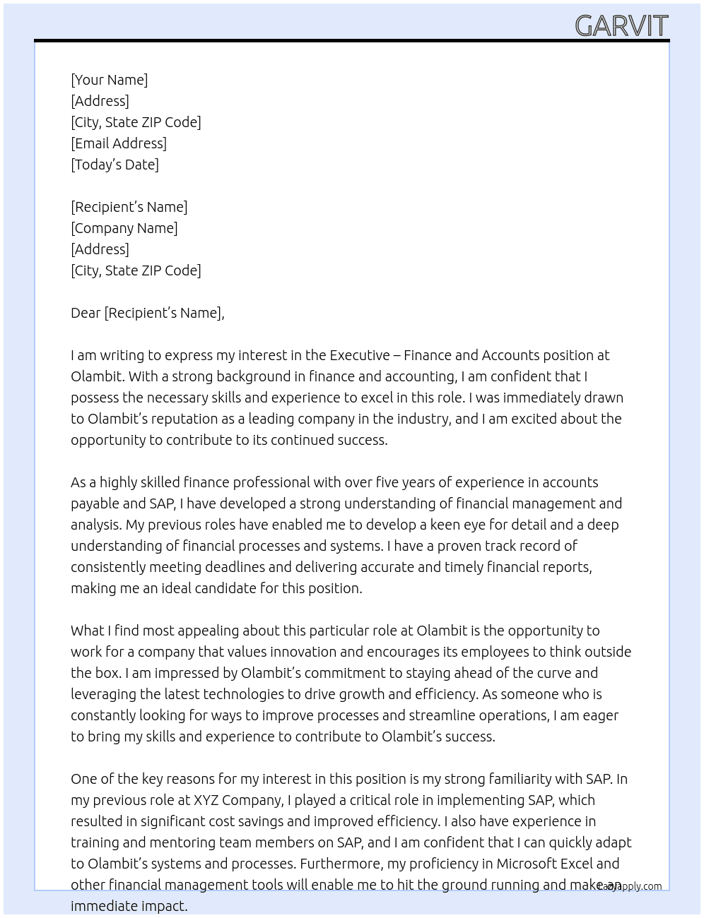 Executive - Finance and Accounts  At Olambit Cover Letter