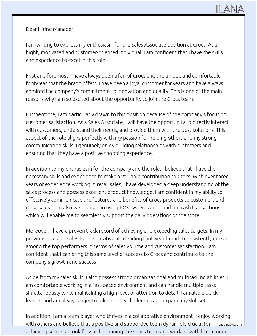 Sales Associate At Crocs Cover Letter