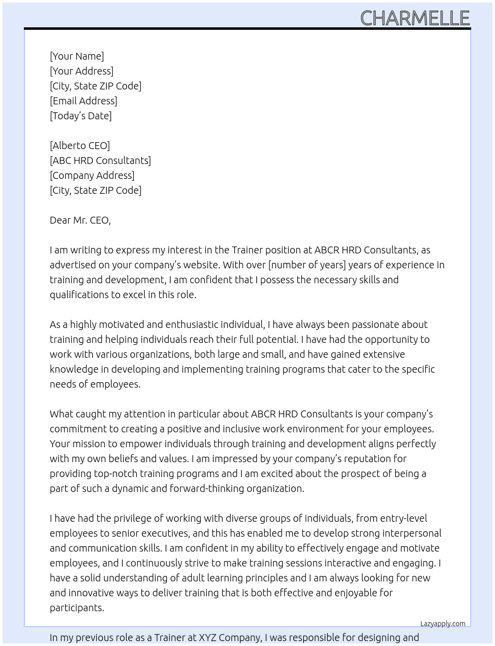 Trainer At ABCR HRD Consultants Cover Letter