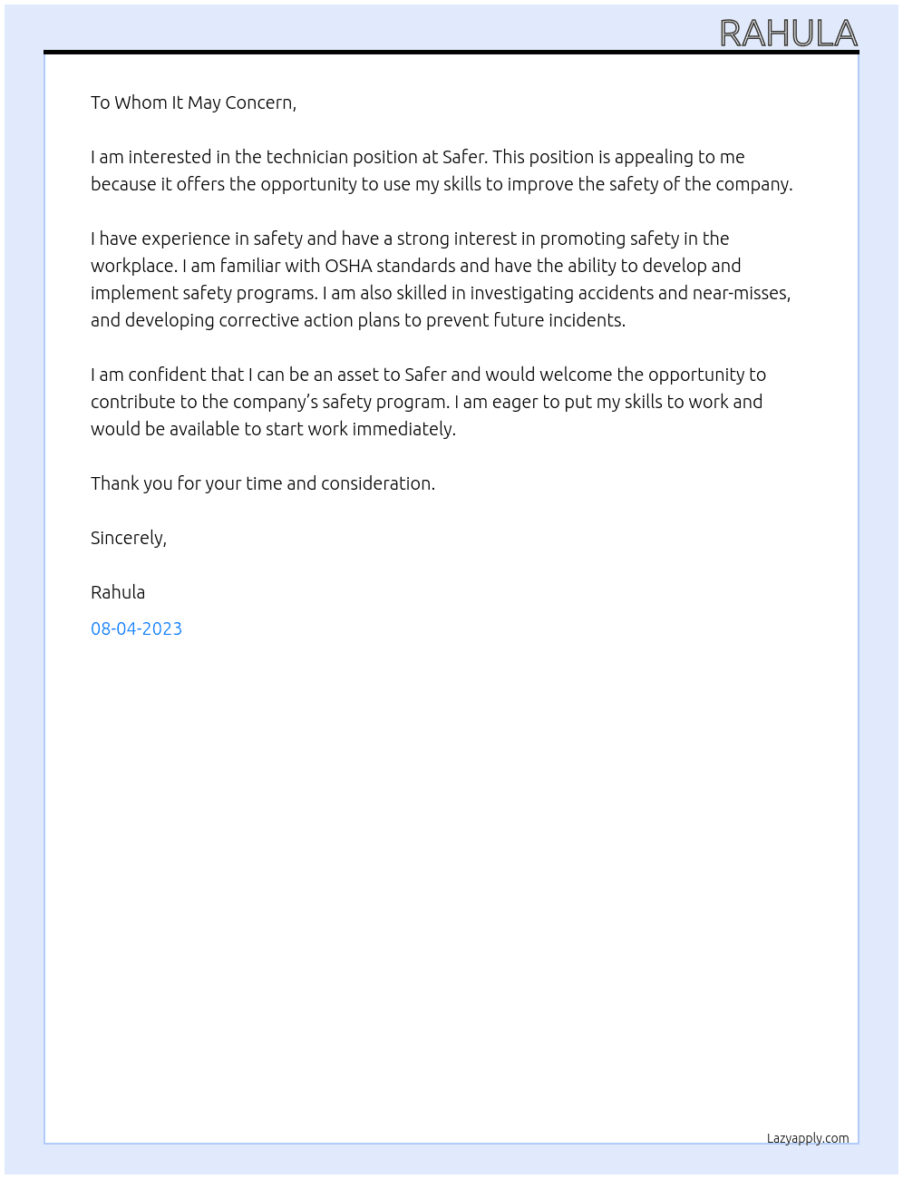 technician At safer Cover Letter