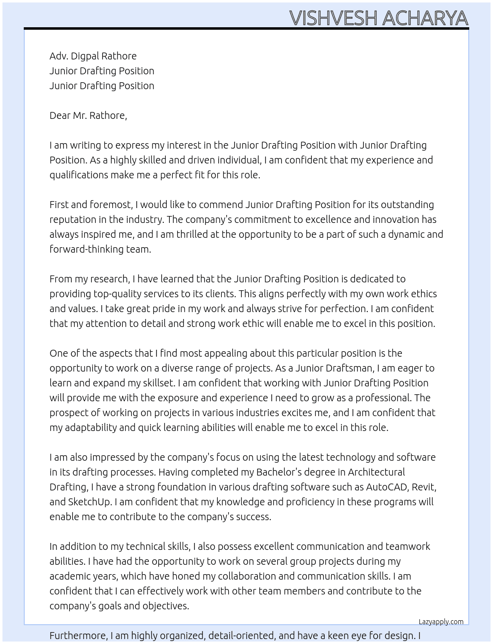 Junior Drafting Position At Junior Drafting Position Cover Letter