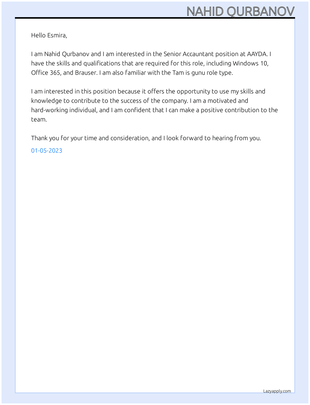Senior Accauntant At AAYDA Cover Letter
