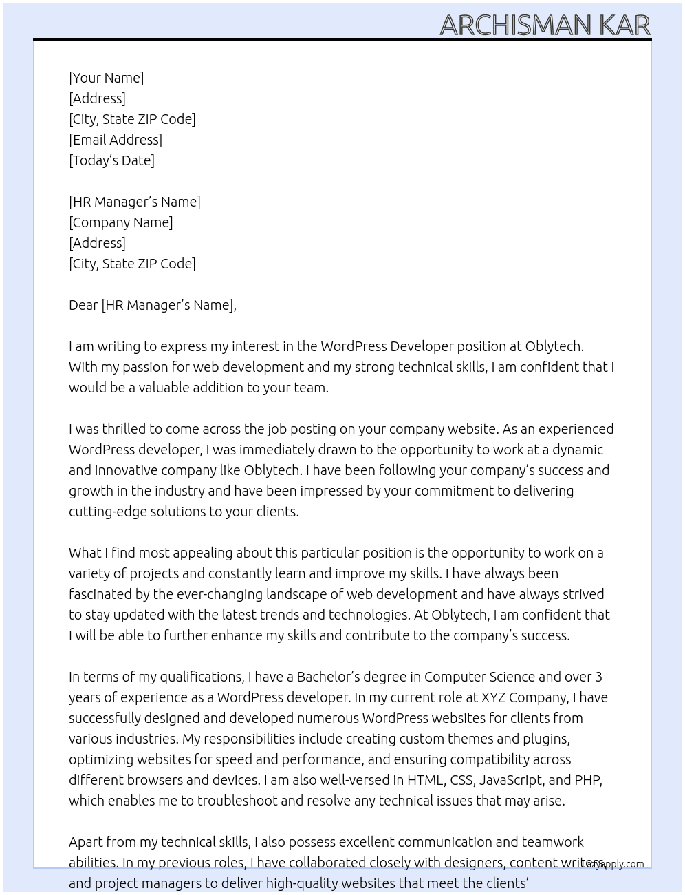 WordPress developer At Oblytech Cover Letter
