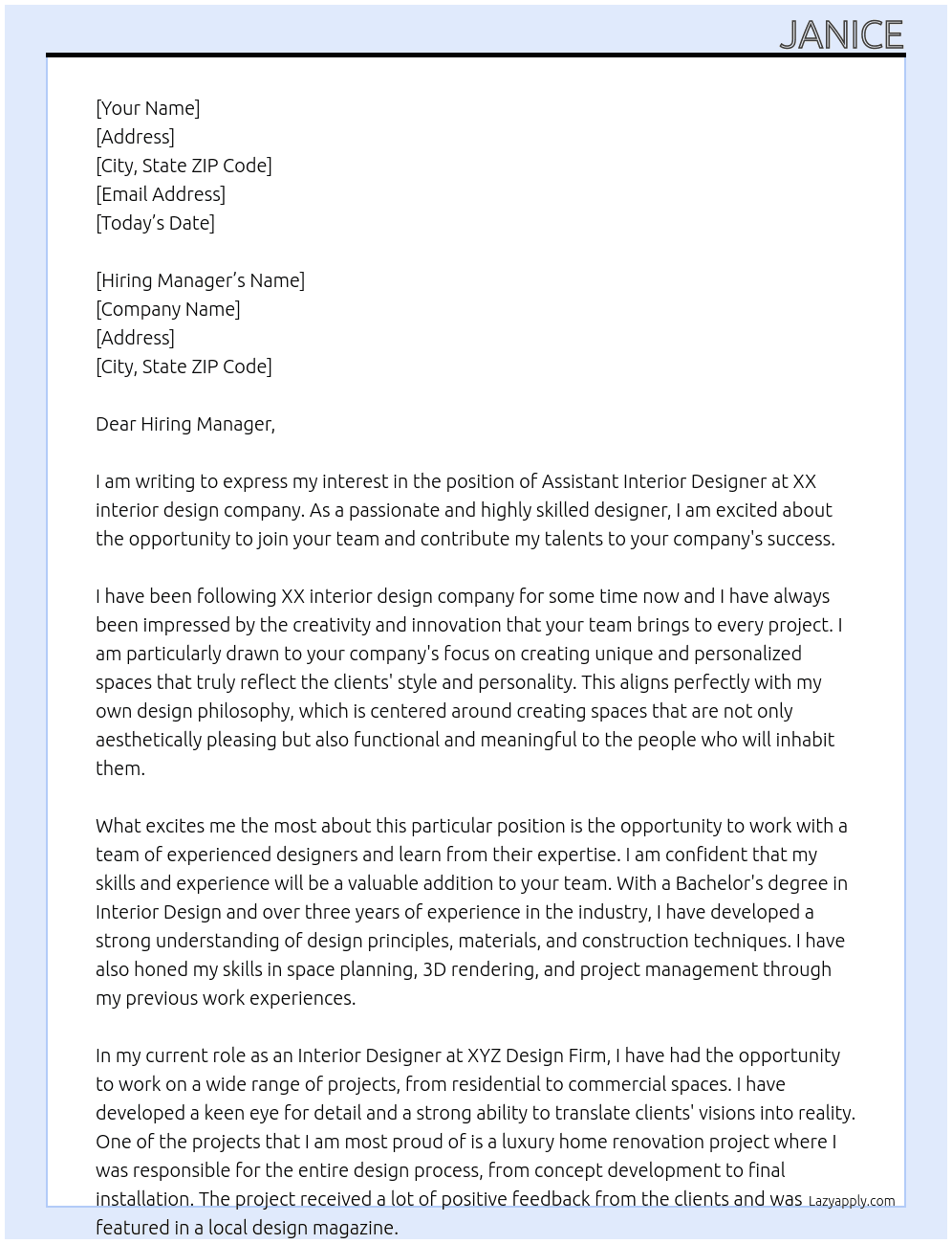 Assistant Interior Designer At XX interior deign company Cover Letter